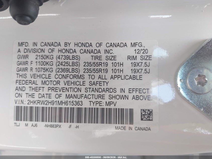 2021 HONDA CR-V 1.5L I-4 DI, DOHC, V(VIN: 2HKRW2H91MH615363