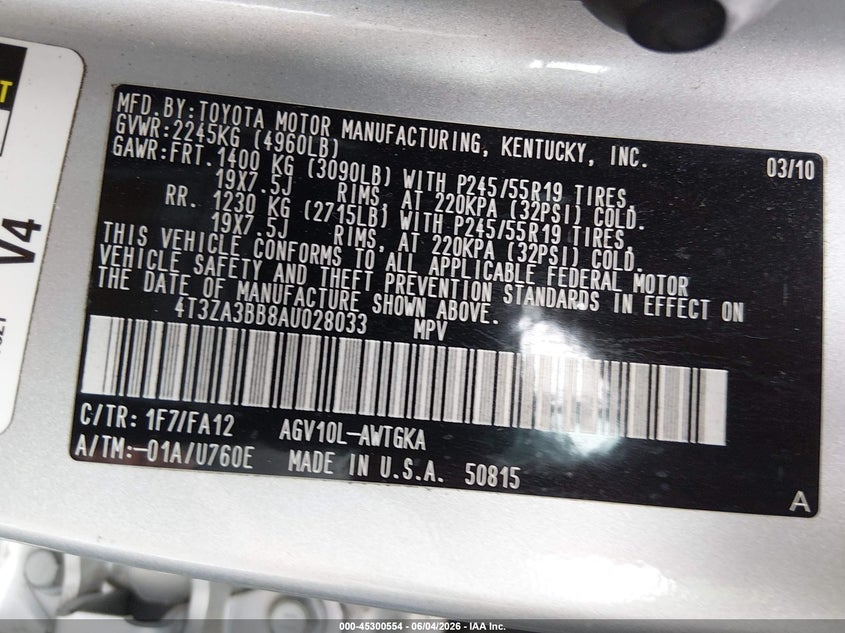 2010 Toyota Venza VIN: 4T3ZA3BB8AU028033 Lot: 45300554