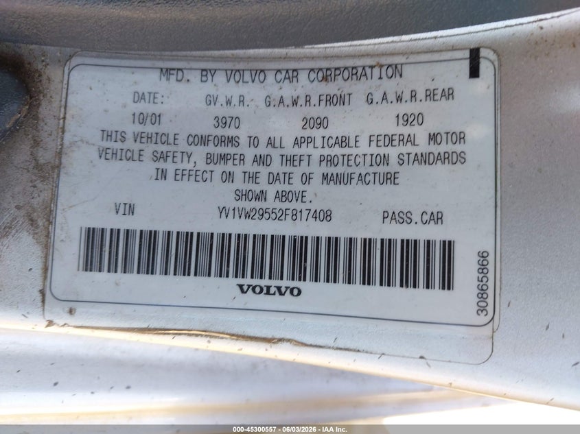 2002 Volvo V40 A VIN: YV1VW29552F817408 Lot: 45300557