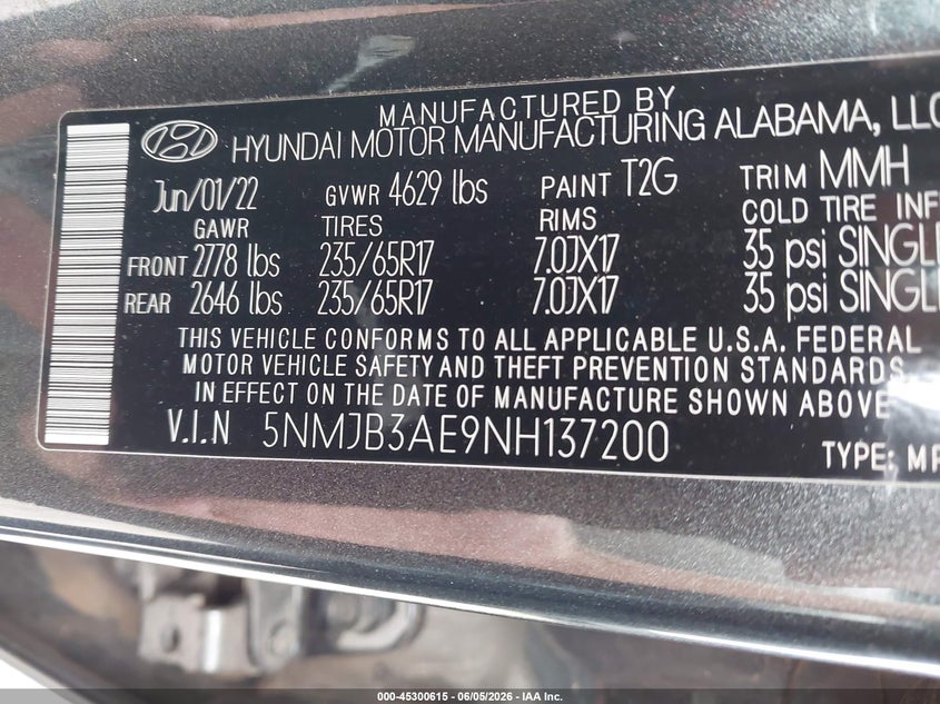 2022 HYUNDAI TUCSON 2.5L I-4 DI, DOHC, V(VIN: 5NMJB3AE9NH137200