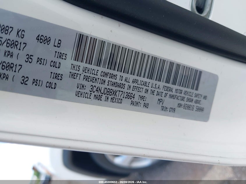 2019 Jeep Compass Latitude 4X4 VIN: 3C4NJDBBXKT713664 Lot: 45300653