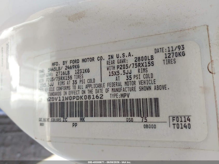 1993 Mercury Villager VIN: 4M2DV11W0PDK08162 Lot: 45300671