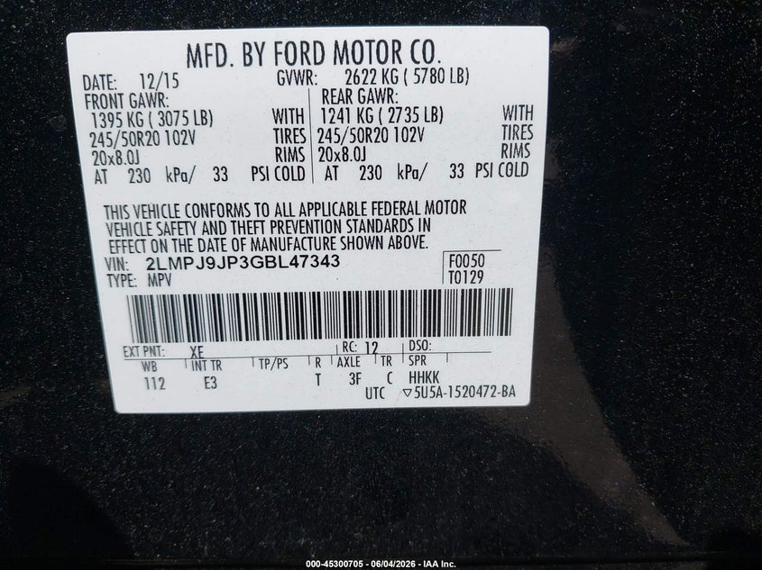 2016 Lincoln Mkx Black Label VIN: 2LMPJ9JP3GBL47343 Lot: 45300705