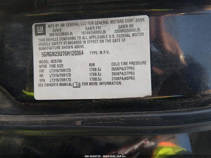 2006 Hummer H2 Suv VIN: 5GRGN23U76H120364 Lot: 45300725