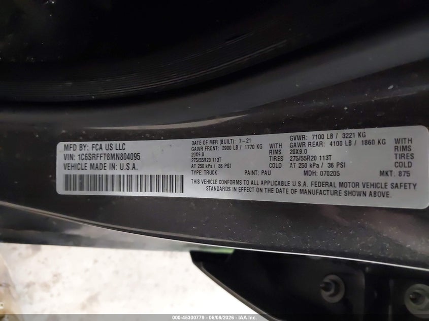 RAM 1500 2021 VIN 1C6SRFFT8MN804095