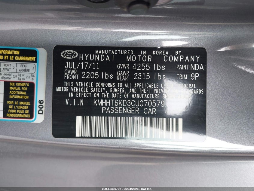 2012 Hyundai Genesis 2.0T VIN: KMHHT6KD3CU070579 Lot: 45300792
