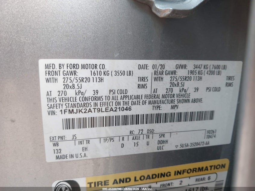 2020 FORD EXPEDITION SPORT UTILITY VEHICLE 3.5L V-6 DI, DOHC, VVT, TURBO, 375HP