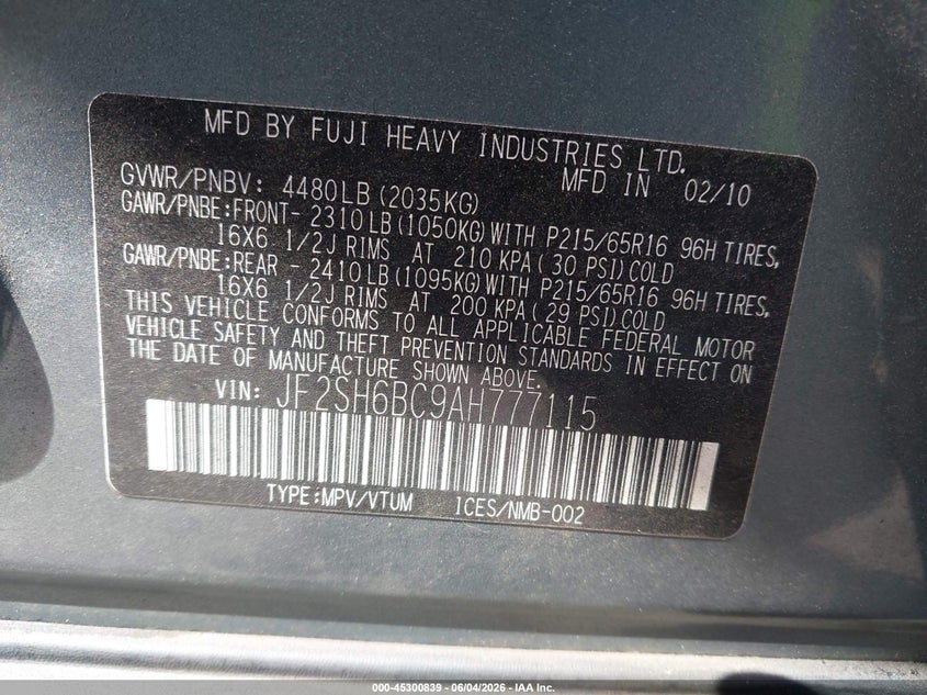 2010 Subaru Forester 2.5X VIN: JF2SH6BC9AH777115 Lot: 45300839