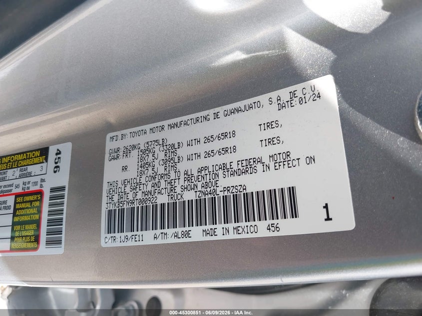2024 TOYOTA TACOMA 2.4L I-4 DI, DOHC, V(VIN: 3TYKB5FN9RT000922