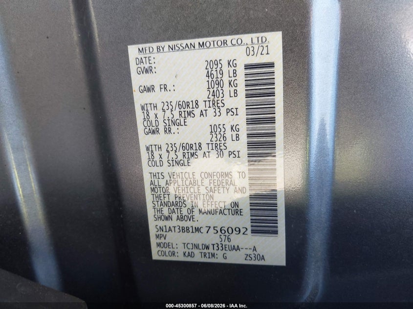 2021 NISSAN ROGUE 2.5L I-4 DI, DOHC, V(VIN: 5N1AT3BB1MC756092