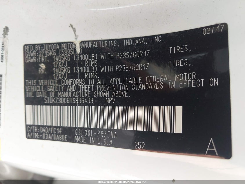 2017 Toyota Sienna Le 8 Passenger VIN: 5TDKZ3DC6HS836439 Lot: 45300882