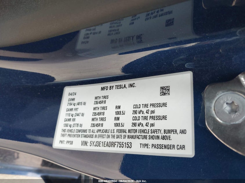 2024 Tesla Model 3 Rear-Wheel Drive VIN: 5YJ3E1EA0RF755153 Lot: 45300904