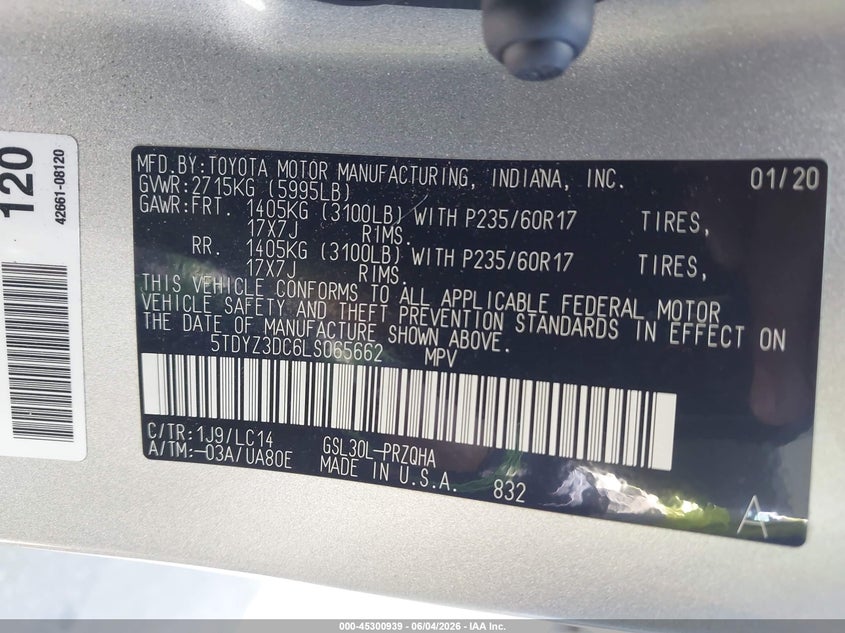 2020 Toyota Sienna Xle VIN: 5TDYZ3DC6LS065662 Lot: 45300939