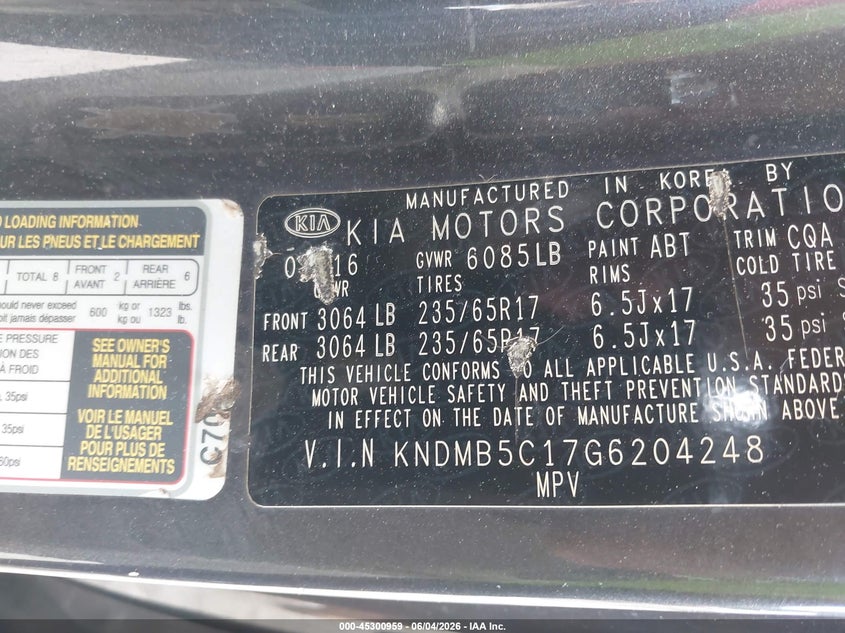 2016 Kia Sedona Lx VIN: KNDMB5C17G6204248 Lot: 45300959