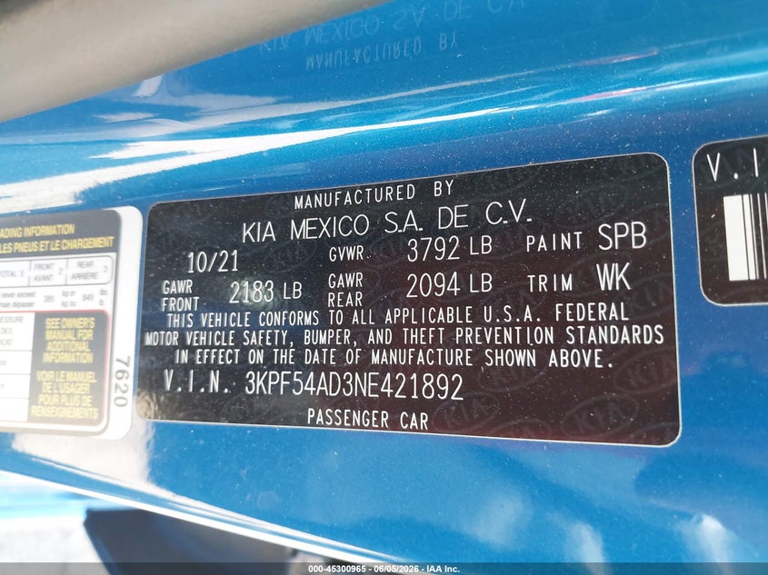 2022 KIA FORTE 2.0L I-4 DOHC, VVT, (VIN: 3KPF54AD3NE421892