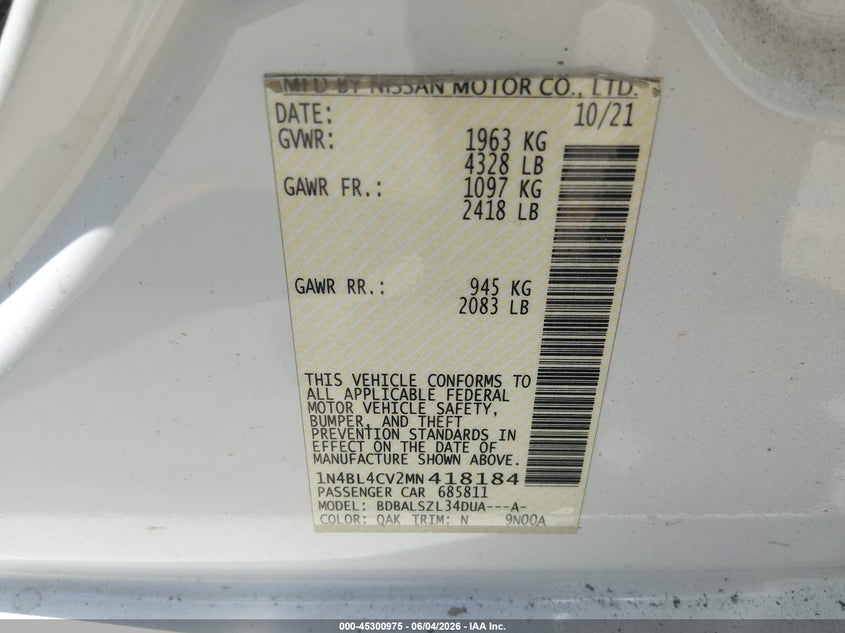2021 Nissan Altima Sr Fwd VIN: 1N4BL4CV2MN418184 Lot: 45300975