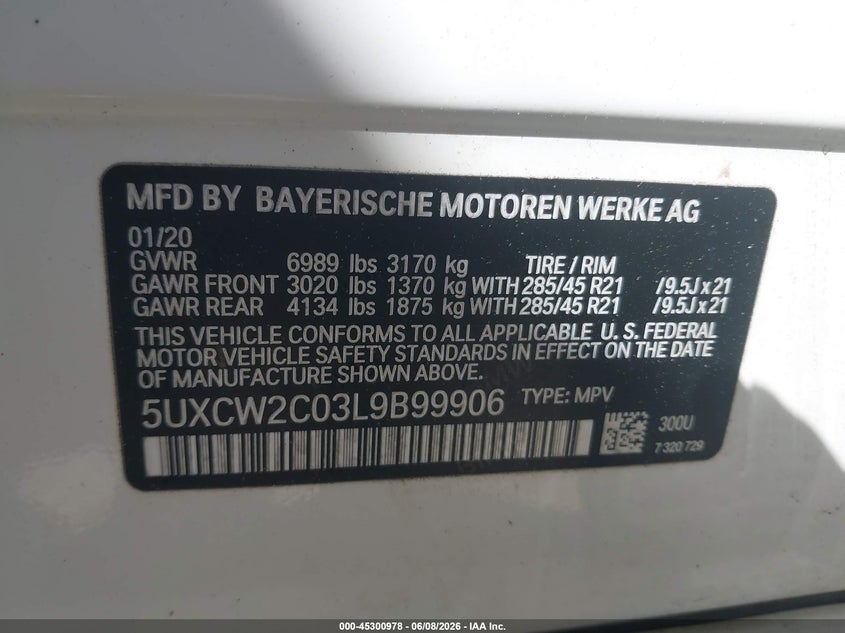 2020 BMW X7 xDrive40I VIN: 5UXCW2C03L9B99906 Lot: 45300978