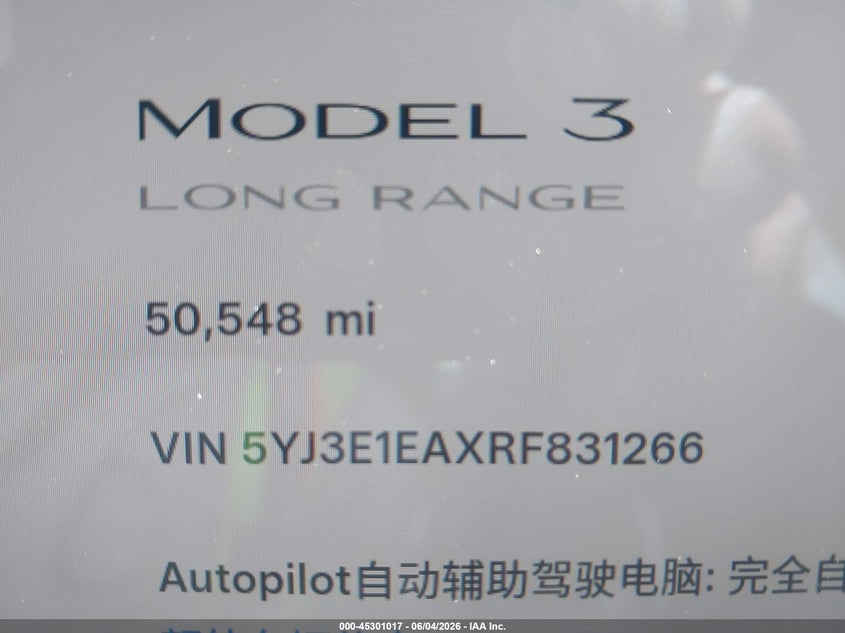 2024 Tesla Model 3 Long Range Dual Motor All-Wheel Drive/Rear-Wheel Drive VIN: 5YJ3E1EAXRF831266 Lot: 45301017