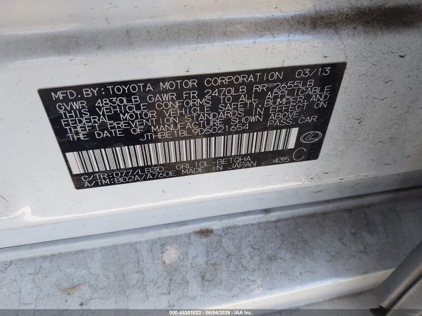 2013 Lexus Gs 350 VIN: JTHBE1BL9D5021654 Lot: 45301023