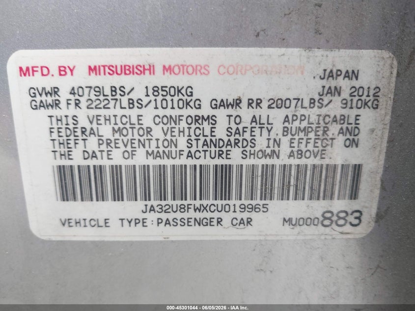 2012 Mitsubishi Lancer Gt VIN: JA32U8FWXCU019965 Lot: 45301044