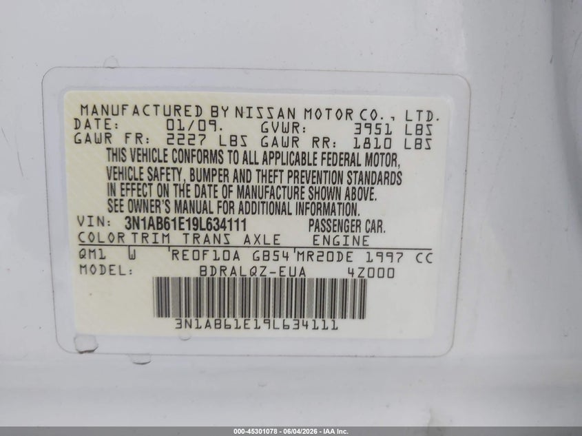 2009 Nissan Sentra 2.0 VIN: 3N1AB61E19L634111 Lot: 45301078