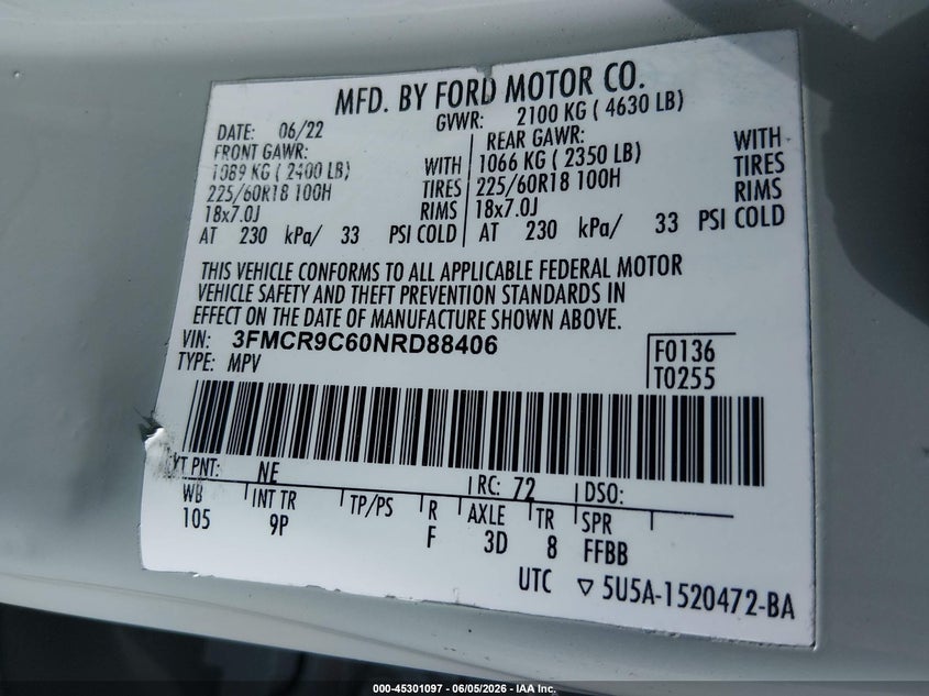 FORD BRONCO SPORT 2022 VIN 3FMCR9C60NRD88406