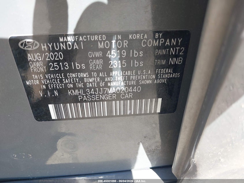 2021 Hyundai Sonata Sel VIN: KMHL34JJ7MA020440 Lot: 45301098