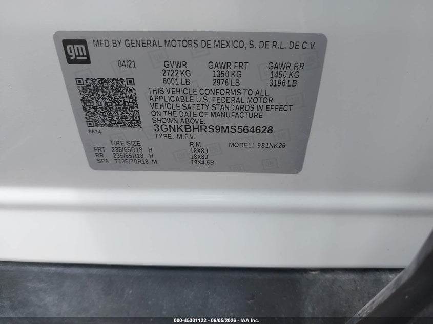 2021 CHEVROLET BLAZER 3.6L V-6 DI, DOHC, V(VIN: 3GNKBHRS9MS564628