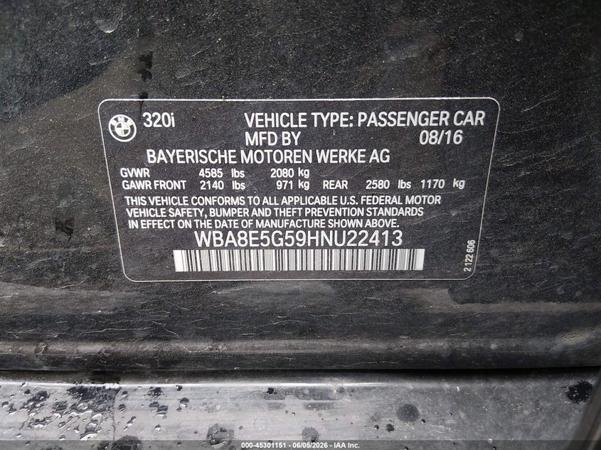 2017 BMW 320I xDrive VIN: WBA8E5G59HNU22413 Lot: 45301151