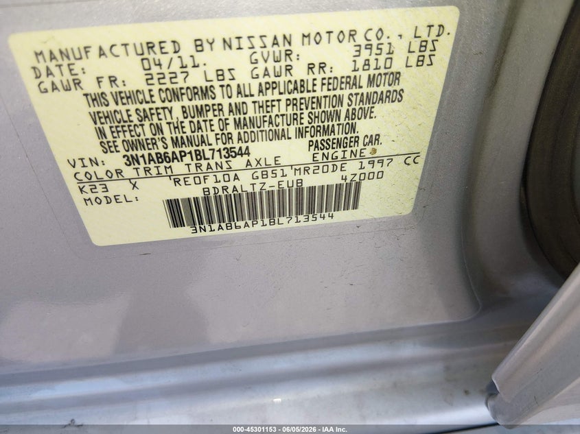 2011 Nissan Sentra 2.0Sr VIN: 3N1AB6AP1BL713544 Lot: 45301153