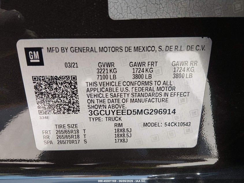2021 CHEVROLET SILVERADO 1500 5.3L V-8 DI, VVT, 35(VIN: 3GCUYEED5MG296914