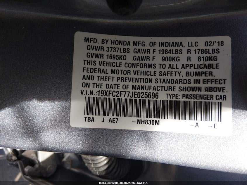 2018 HONDA CIVIC SEDAN 2.0L I-4 DOHC, VVT, 158HP