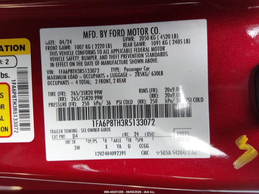 2024 Ford Mustang 2.3 Ecoboost Premium Fastback red Lot 111045301258 Vin 1FA6P8TH3R5133072