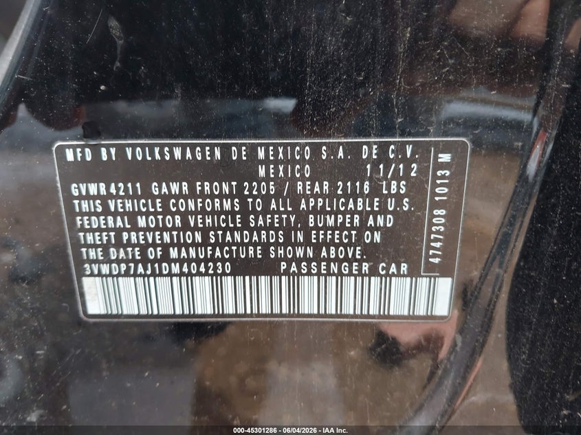 2013 Volkswagen Jetta 2.5L Se VIN: 3VWDP7AJ1DM404230 Lot: 45301286
