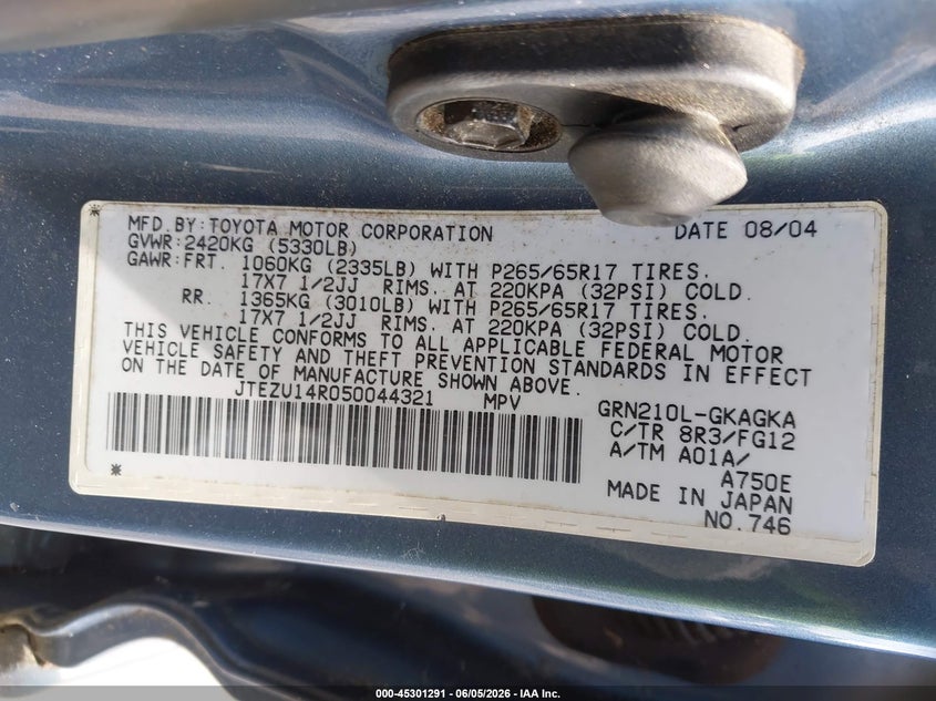 2005 Toyota 4Runner Sr5 V6 VIN: JTEZU14R050044321 Lot: 45301291