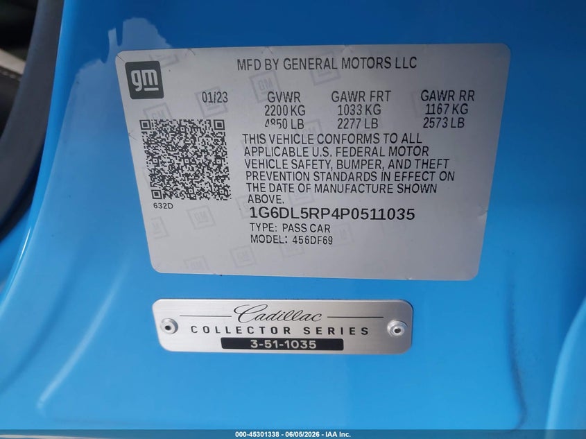 2023 Cadillac Ct4-V V-Series Blackwing VIN: 1G6DL5RP4P0511035 Lot: 45301338