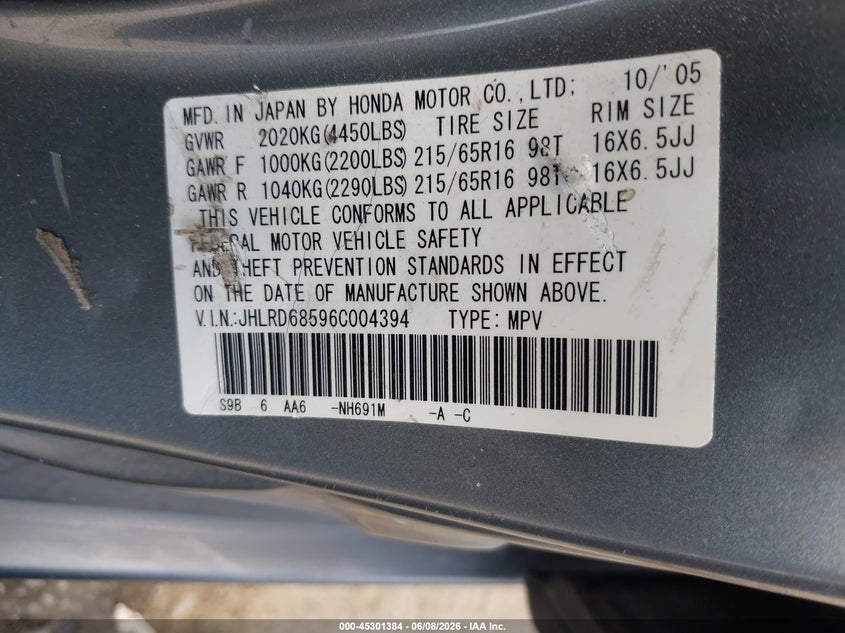 2006 HONDA CR-V SPORT UTILITY VEHICLE 2.4L I-4 DOHC, VVT, 156HP