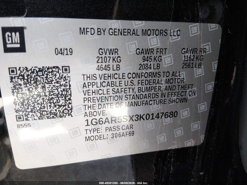 CADILLAC CTS 2019 VIN 1G6AR5SX3K0147680