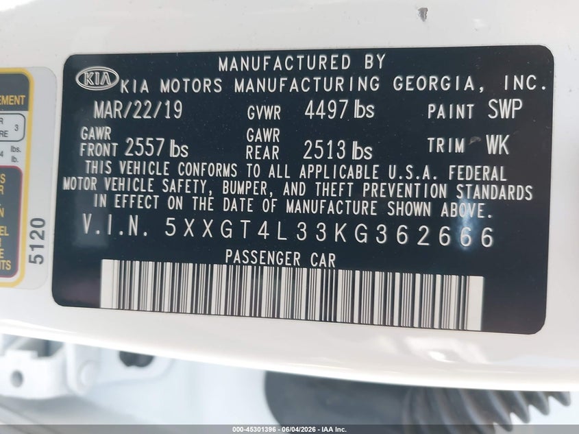 2019 Kia Optima Lx VIN: 5XXGT4L33KG362666 Lot: 45301396