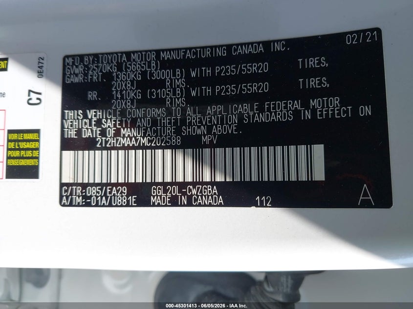 2021 LEXUS RX 350 3.5L V-6 DI, DOHC, V(VIN: 2T2HZMAA7MC202588