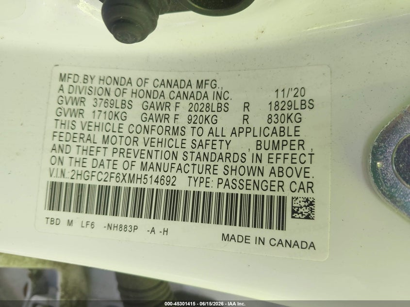 VIN 2HGFC2F6XMH514692 2021 HONDA CIVIC LX