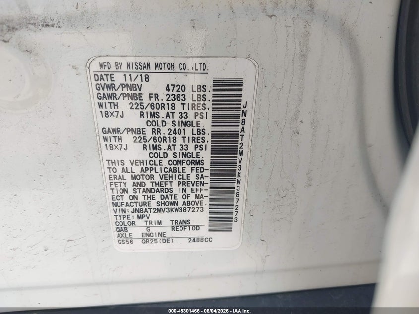 2019 Nissan Rogue Sv VIN: JN8AT2MV3KW387273 Lot: 45301466