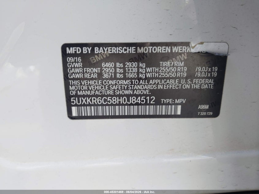 2017 BMW X5 xDrive50I VIN: 5UXKR6C58H0J84512 Lot: 45301469