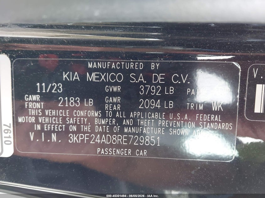 2024 KIA FORTE 2.0L I-4 DOHC, VVT, (VIN: 3KPF24AD8RE729851