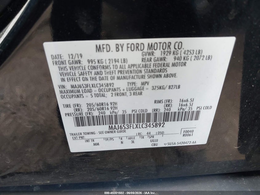 2020 Ford Ecosport S VIN: MAJ6S3FLXLC345892 Lot: 45301502