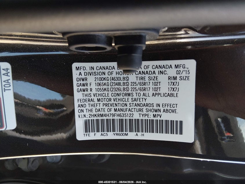 2015 Honda Cr-V Ex-L VIN: 2HKRM4H79FH635122 Lot: 45301531