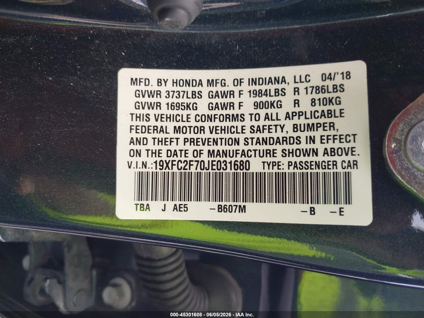 2018 HONDA CIVIC SEDAN 2.0L I-4 DOHC, VVT, 158HP
