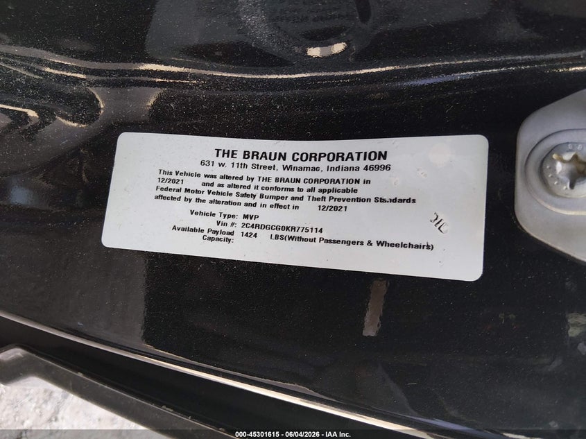 2019 Dodge Grand Caravan Sxt VIN: 2C4RDGCG0KR775114 Lot: 45301615