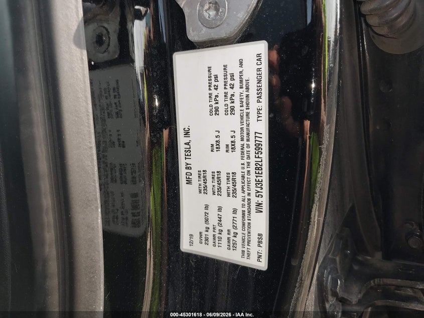 2020 Tesla Model 3 Long Range Dual Motor All-Wheel Drive VIN: 5YJ3E1EB2LF599777 Lot: 45301618