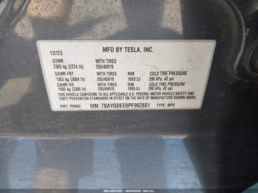 2023 Tesla Model Y Awd/Long Range Dual Motor All-Wheel Drive VIN: 7SAYGDEE8PF962801 Lot: 45301657